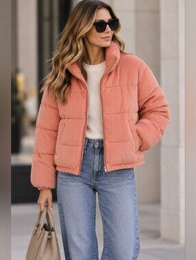 Collection B Blush Pink Cropped Corduroy Puffer Jacket Junior's Size XL